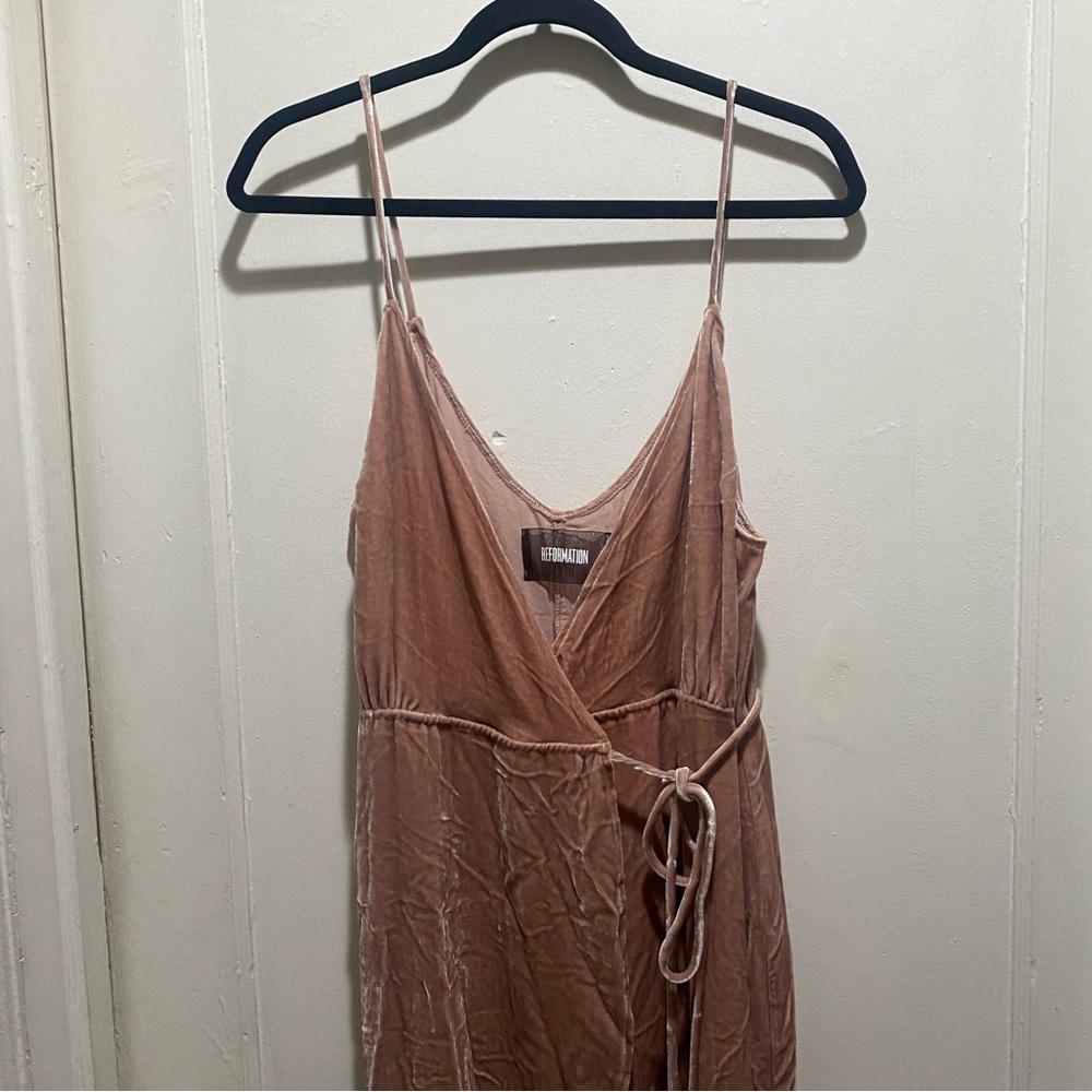 Reformation Crushed Velvet Dusty Pink High Low Wrap Spaghetti Strap Dress Sz M - Picture 3 of 8